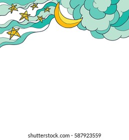 Moon, clouds and stars on a white background. Place for text. Vector illustration