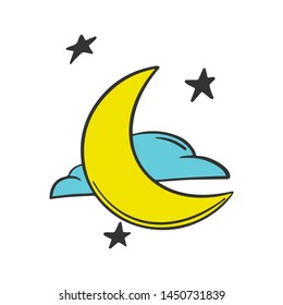 Moon with clouds and stars. Vector concept in doodle and sketch style. Hand drawn illustration for printing on T-shirts, postcards. Icon and logo idea.