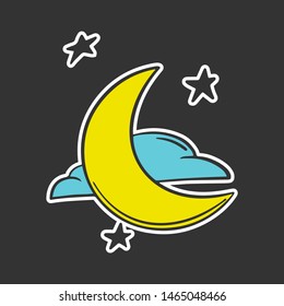 Moon with clouds and stars. Vector concept in doodle and sketch style. Hand drawn illustration for printing on T-shirts, postcards. Icon and logo idea.