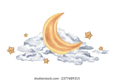 Moon in the clouds with stars vector illustration. Hand drawn clip art on white isolated background. Watercolor drawing of golden crescent. Painting of the night sky for a baby room and nursery