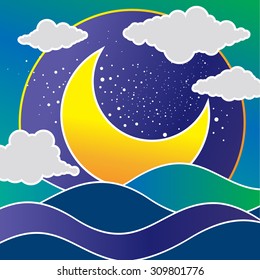 Moon, clouds and stars. Vector illustration.