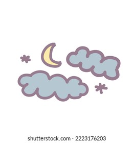 Moon with clouds and stars. Vector thin line doodle icon hand drawn. For concepts of good night, sleeping, babies