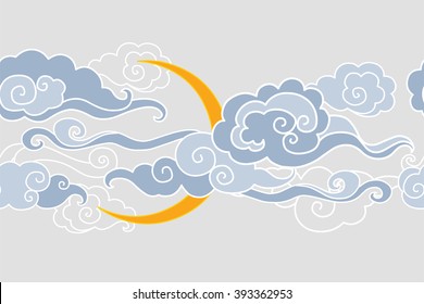 Moon and clouds. Vector illustration. Seamless border