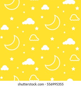 Moon and clouds yellow seamless kid vector pattern. Monochrome child style textile fabric cartoon scandinavian ornament background.