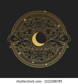 Moon in the cloudy sky. Decorative graphic design elements in oriental style. Vector hand drawn illustration