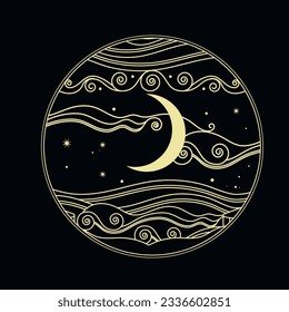 Moon in the cloudy sky. Vector hand drawn illustration in asian style