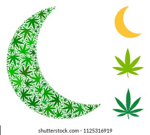 Moon collage of hemp leaves in different sizes and green tints. Vector flat ganja leaves are united into moon mosaic. Drugs vector design concept.