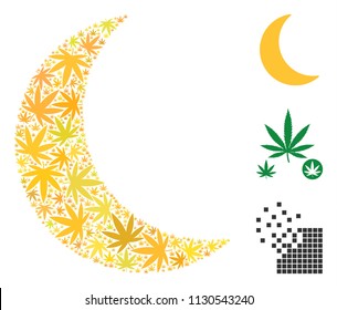 Moon collage of hemp leaves in variable sizes and color shades. Vector flat weed leaves are composed into moon illustration. Addiction vector illustration.