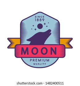 Moon color retro logo template. Forest wildlife vector vintage symbol. Howling wolf head silhouette