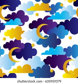 Moon and colorful clouds seamless pattern. Vector illustration.