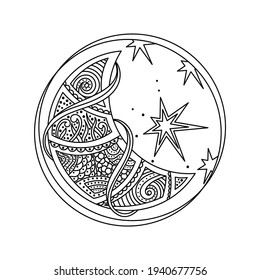 Moon Coloring book page for adults. Crescent is decorated with fantastic patterns,  doodle-style, isolated on a white background. Circle Vector illustration.