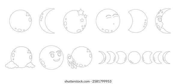 Moon coloring tracing vector set illustration