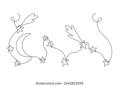 Moon, comets and stars drawn with continuous line in minimalism, abstract style, starry sky, outer space, astronomy, astrology, one line, editable vector contour