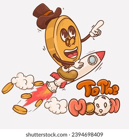 to the moon concept. money with face macot cartoon character ride space rocket vector illustration