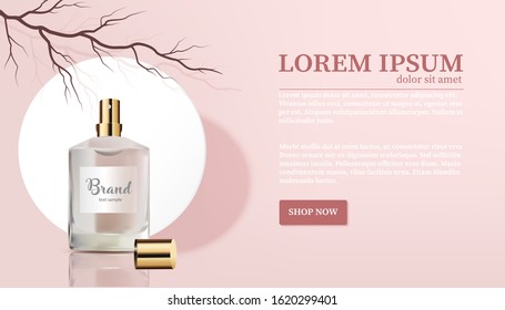 The Moon Concept with Tree Branch on peach background-Perfume with Flower Paper Cut Banner-Vector Illustration
