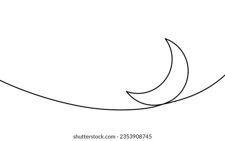 Moon continuous one line art icon. Hand drawn black moon isolated on white background. Hands drawing graphic element crescent. Draw symbol for design prints. Oneline lineart. Vector illustration