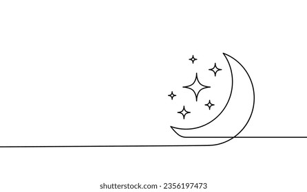 Moon continuous one line art icon. Hand drawn black moon isolated on white background. Hands drawing graphic element crescent. Draw symbol for design prints. Oneline lineart. Vector illustration