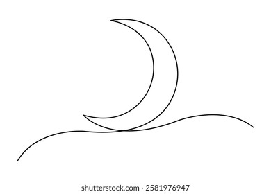 Moon continuous one line art drawing of Ramadan Kareem and Eid in outline vector illustration
