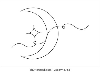 Moon continuous one line art drawing of Ramadan Kareem and Eid in outline vector illustration
