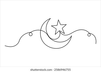 Moon continuous one line art drawing of Ramadan Kareem and Eid in outline vector illustration