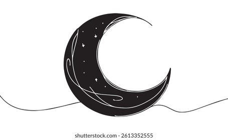Moon continuous one line art icon. Hand drawn black moon isolated on white background. Hands drawing graphic element crescent. Draw symbol for design prints. Oneline lineart. Vector illustration