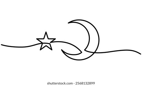 Moon Continuous One Line Drawing, Hand drawn vector art