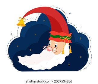 Moon in the costume of Santa Claus in the clouds. Christmas theme. Vector illustration in flat style.
