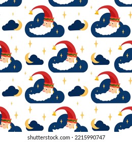 Moon in the costume of Santa Claus in the clouds. Christmas theme. Seamless pattern. Can be used for web page background fill, surface texture