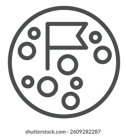 Moon with craters and flag line icon, cosmos concept. Vector graphics. Planet exploration, mission complete mark sign on white background, outline style icon for mobile or web design