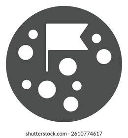 Moon with craters and flag solid icon, cosmos concept. Vector graphics. Planet exploration, mission complete mark sign on white background, glyph style icon for mobile or web design