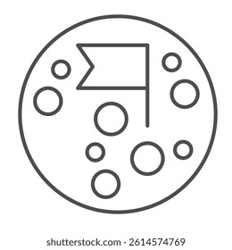 Moon with craters and flag thin line icon, cosmos concept. Vector graphics. Planet exploration, mission complete mark sign on white background, linear style icon for mobile or web design