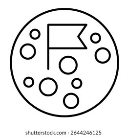 Moon with craters and flag thin line icon, cosmos concept. Vector graphics. Planet exploration, mission complete mark sign on white background, style mobile or design