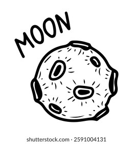 Moon with craters. Hand drawn doodle. Earth satellite. Space object. Moonstone. Universe. Celestial body. Astronomy. Meteorite. Vector line art illustration.