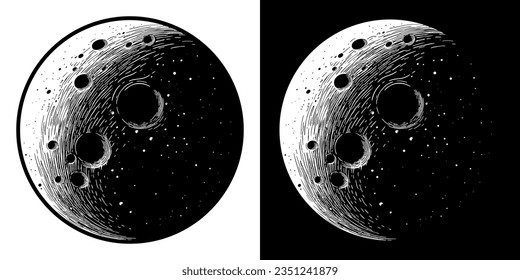 Moon with craters in pen stroke style drawing. Vector illustration