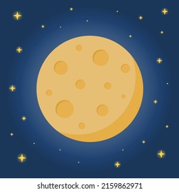 Luna con cráteres y estrellas concepto de diseño plano. Luna brillante de noche con ilustración de estrellas. Ilustración de material vectorial.