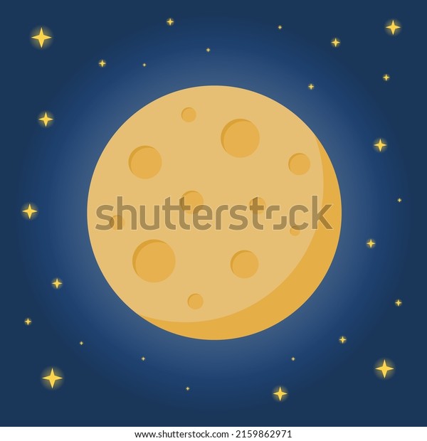 Moon with\
craters and stars flat design concept. Shiny nighty moon with stars\
illustration. Vector stock\
illustration.