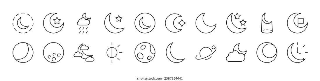 The Moon and Crescent Bundle of Thin Icons. Editable Stroke. Suitable for Web Sites, Books, Cards, Apps 