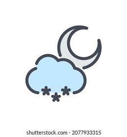 Moon crescent and cloud with snow color line icon. Weather and Climate vector outline colorful sign.