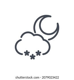 Creciente de luna y nube con el icono de la línea de nieve. Signo de contorno del vector del clima y el clima.
