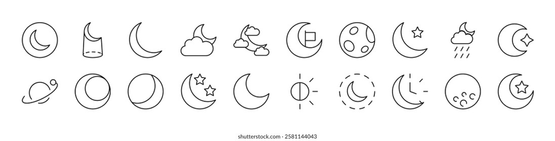 The Moon and Crescent Collection of Thin Icons. Editable Stroke. Suitable for Web Sites, Books, Cards, Apps