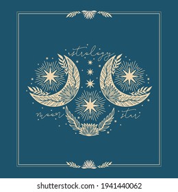 Moon crescent flower mandala.Astrology boho witch symbol amulet.Sacred mystic decoration trendy style.Vector illustration.