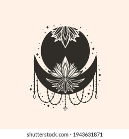 Moon crescent flower mandala.Astrology boho witch symbol amulet.Sacred mystic decoration trendy style.Vector illustration.