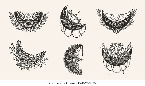 Moon crescent flower mandala.Astrology boho witch symbol amulet.Sacred mystic decoration trendy style.Vector illustration.