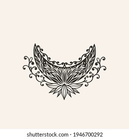 Moon crescent flower mandala.Astrology boho witch symbol amulet.Sacred mystic decoration trendy style.Vector illustration.