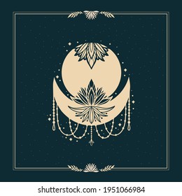 Moon crescent flower mandala.Astrology boho witch symbol amulet.Sacred mystic decoration trendy style.Vector illustration.
