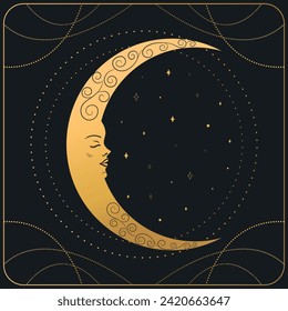 Moon crescent. Gold celestial background. Vector illustration
