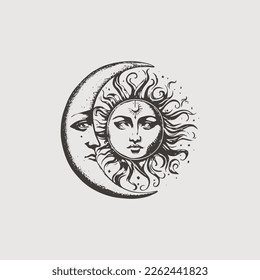 Luna y Media Luna, dibujo a mano con estilo grabado. Ilustración vectorial retro. Pastiche vintage de signo esotérico y oculto.
