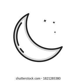 Moon Crescent Icon Cartoon Filled Line Style. Moon Night Astronomy Space Logo Vector Illustration. Space Element Sticker