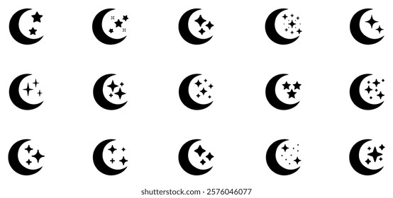 Moon crescent icon set. Half moon filled vector icon sign symbol. Half moon, crescent with star, night sky background. Vector Illustration. EPS 10