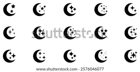 Moon crescent icon set. Half moon filled vector icon sign symbol. Half moon, crescent with star, night sky background. Vector Illustration. EPS 10